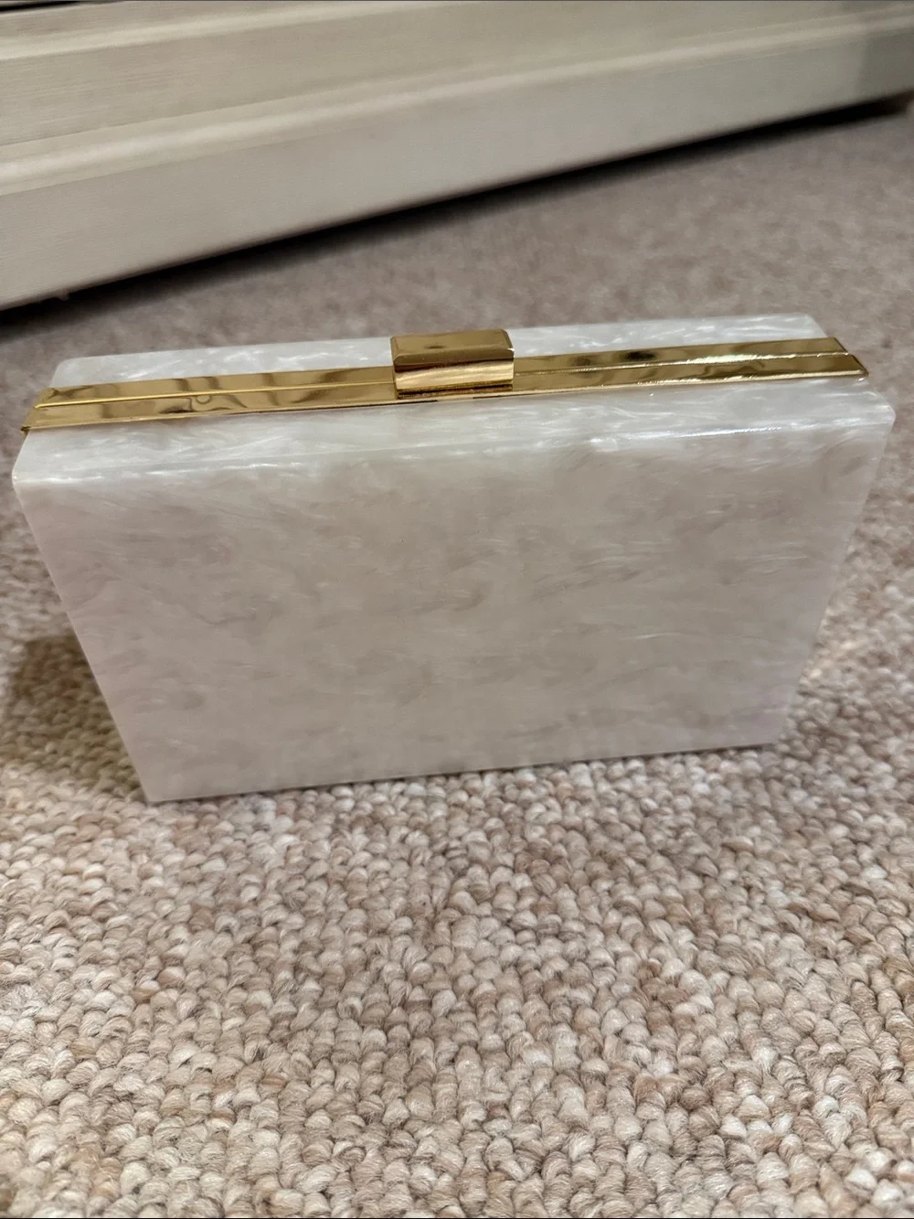 Pearlescent White Acrylic Box Clutch with Gold Accent